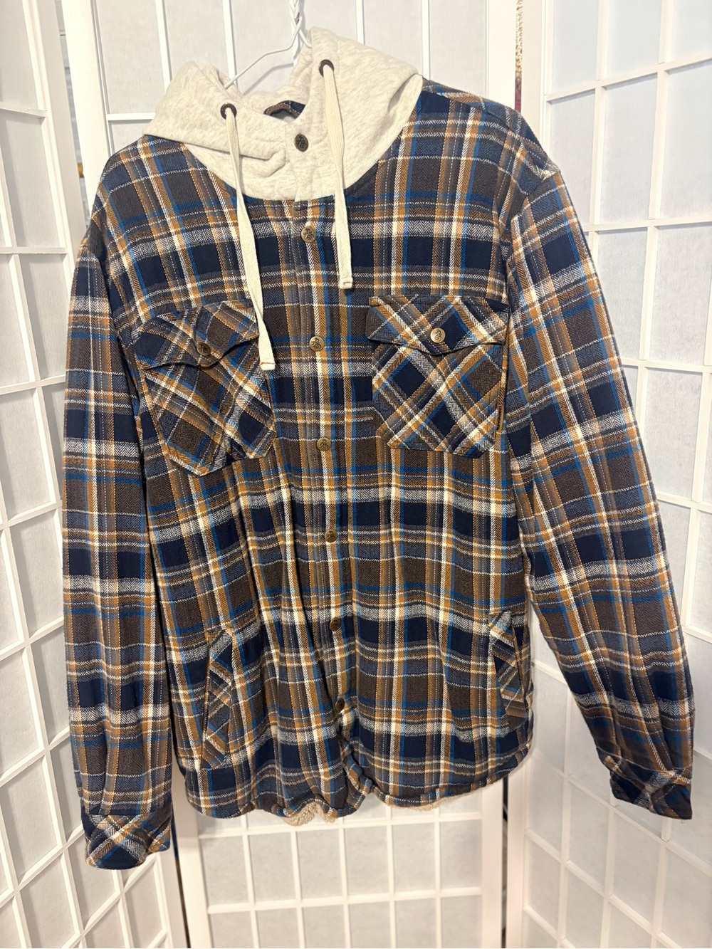 Mitchell & Ness Navy, Brown & Cream Plaid Hooded Flannel Shirt Jacket